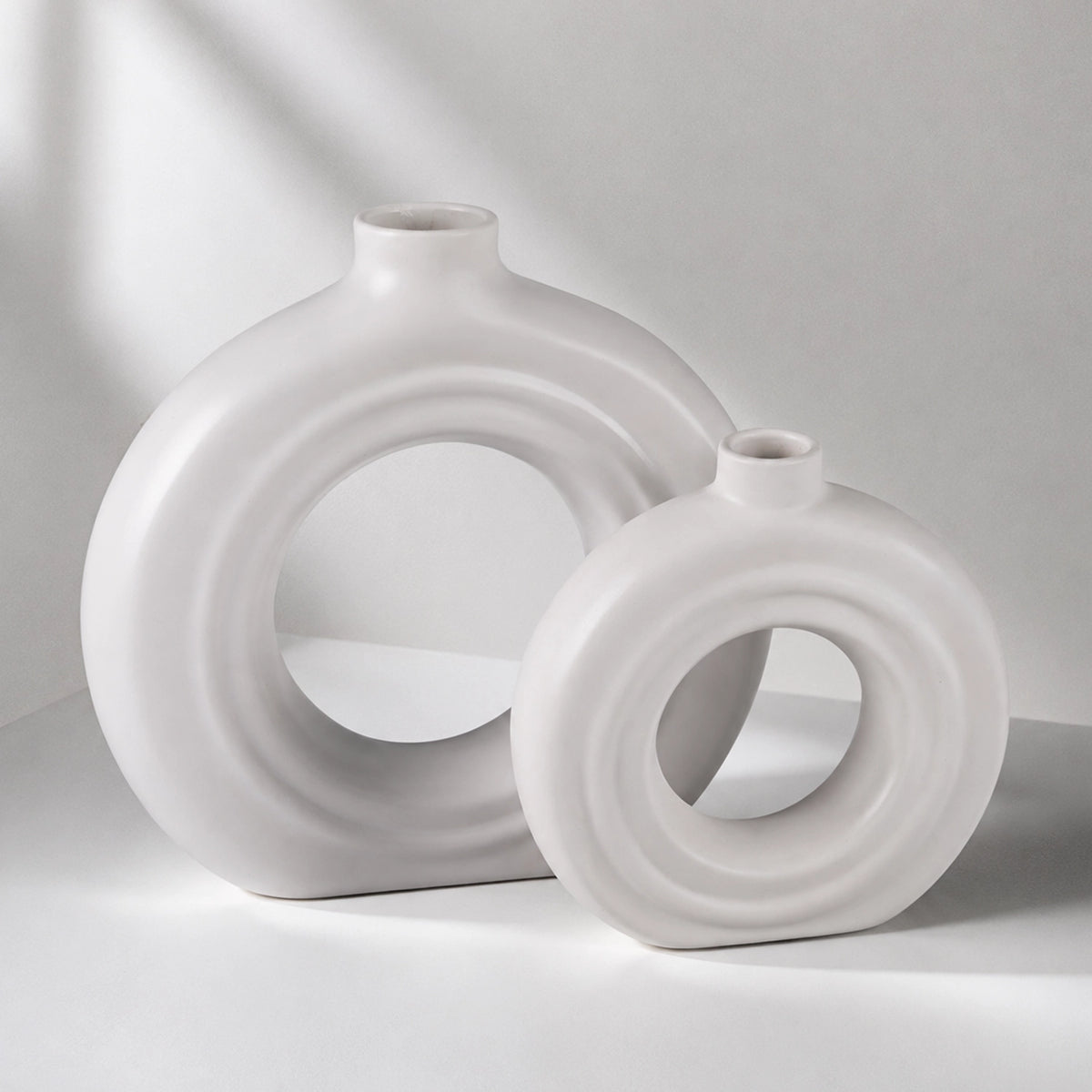 White Ceramic Vase Set of 2, Sculptural Ring Vases Decor