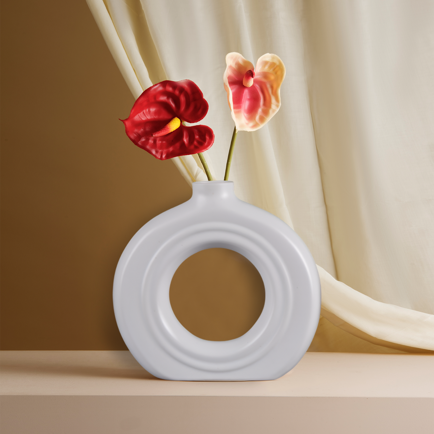 Ceramic Vase Set of 2 – Cream White Glossy Decorative Vases for Flowers