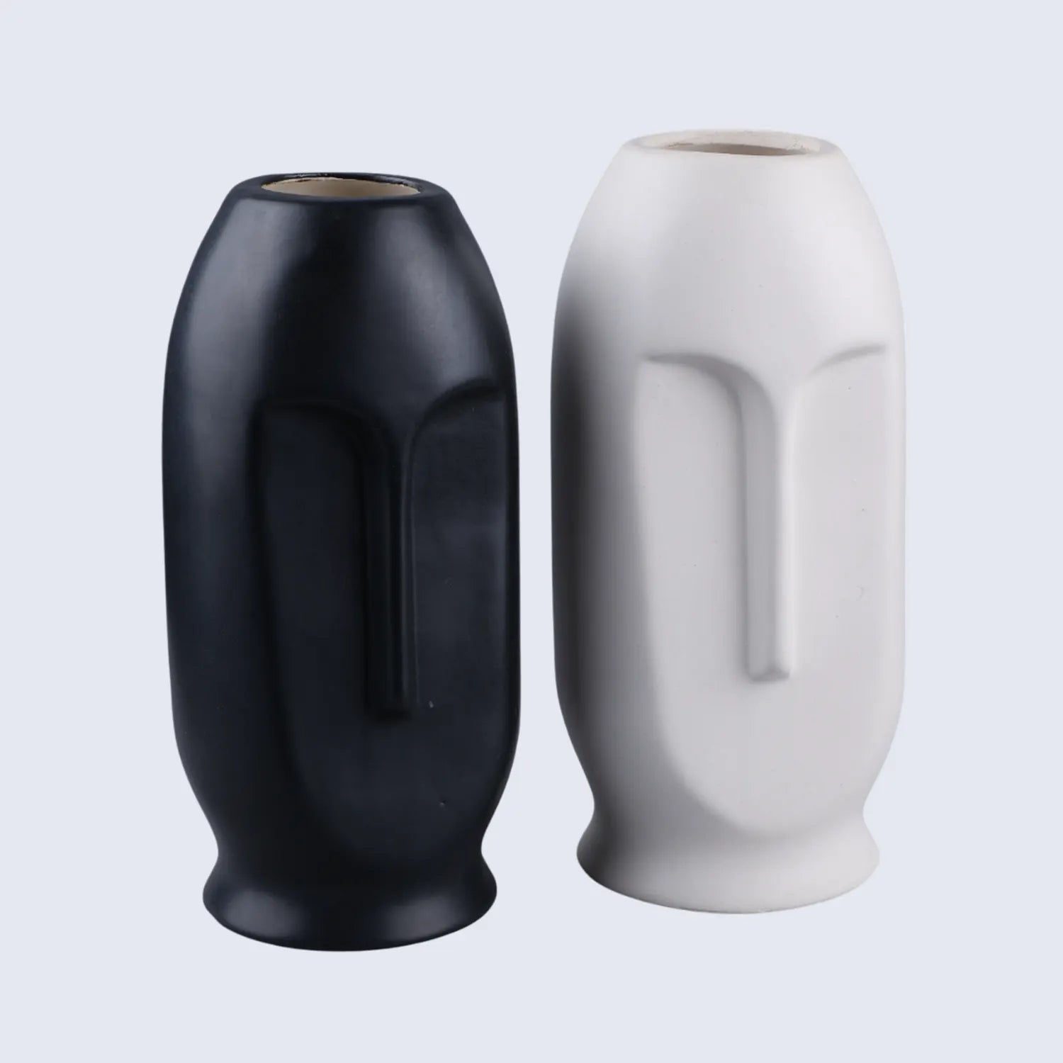 Ceramic Vase Set of 2 Oval Duo Face Pattern – Matte White & Black