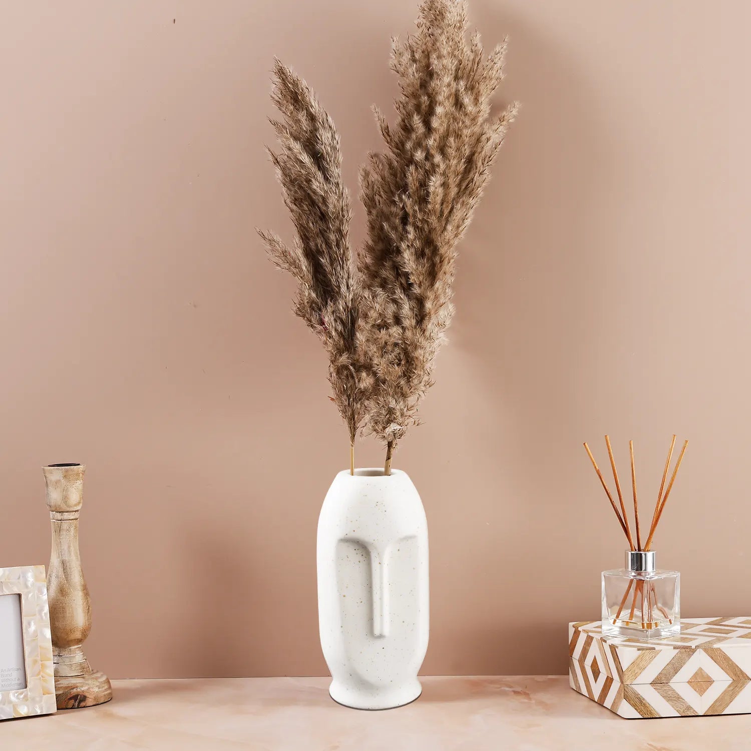 Ceramic Vase Set of 2- Oval Duo Face Pattern in Cream White Matte