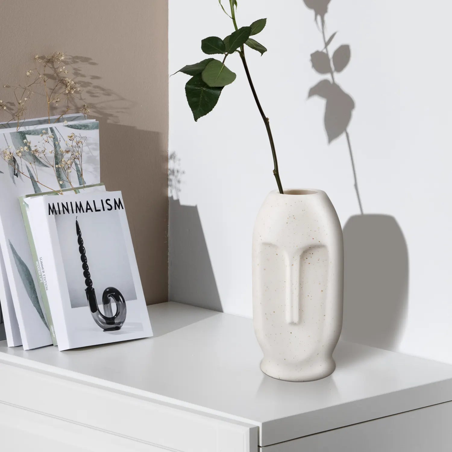 Ceramic Vase Set of 2- Oval Duo Face Pattern in Cream White Matte