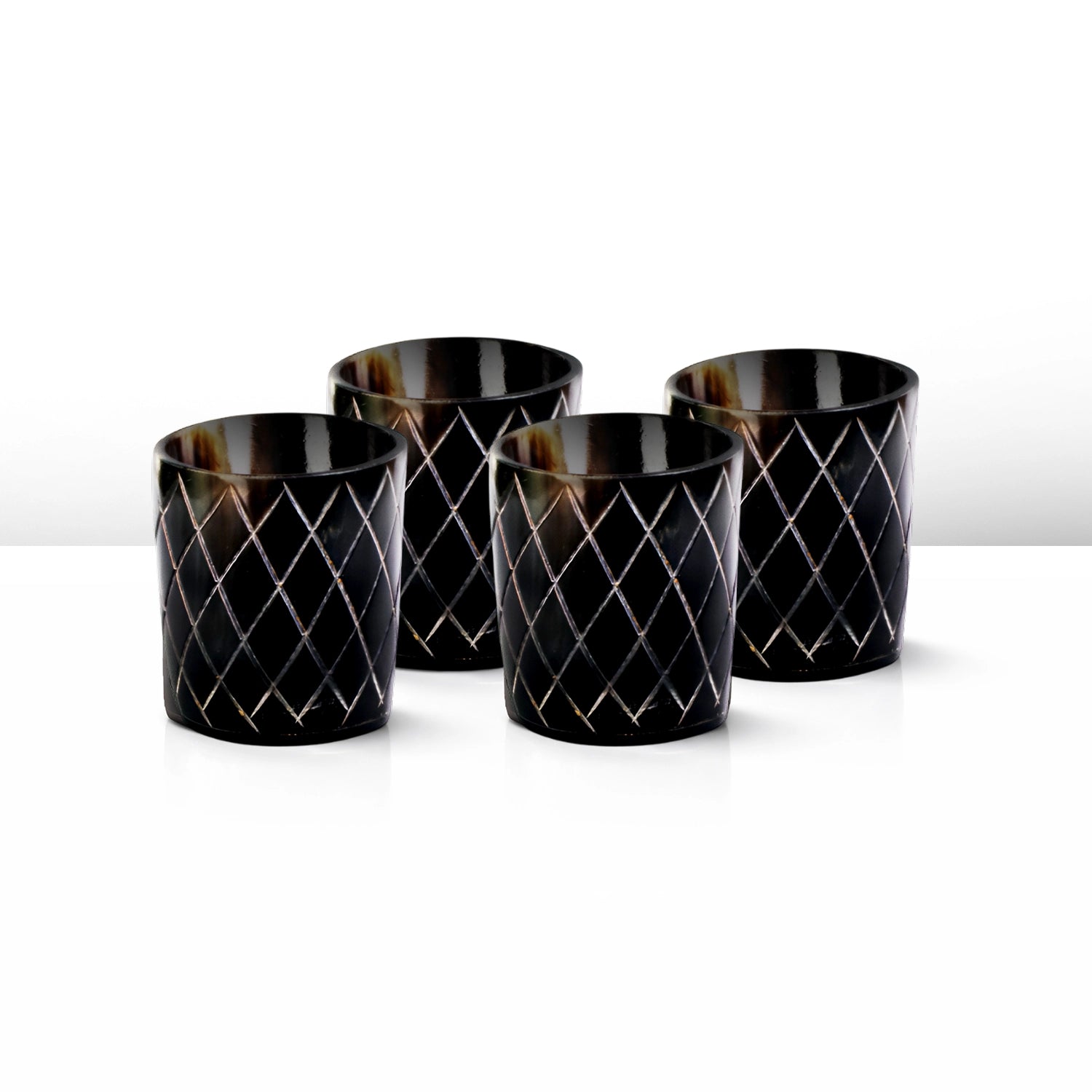 Whiskey Shot Cups Set Crisscross Pattern Real Ox Horn 6.5 oz, Pack 4, 8 & 12
