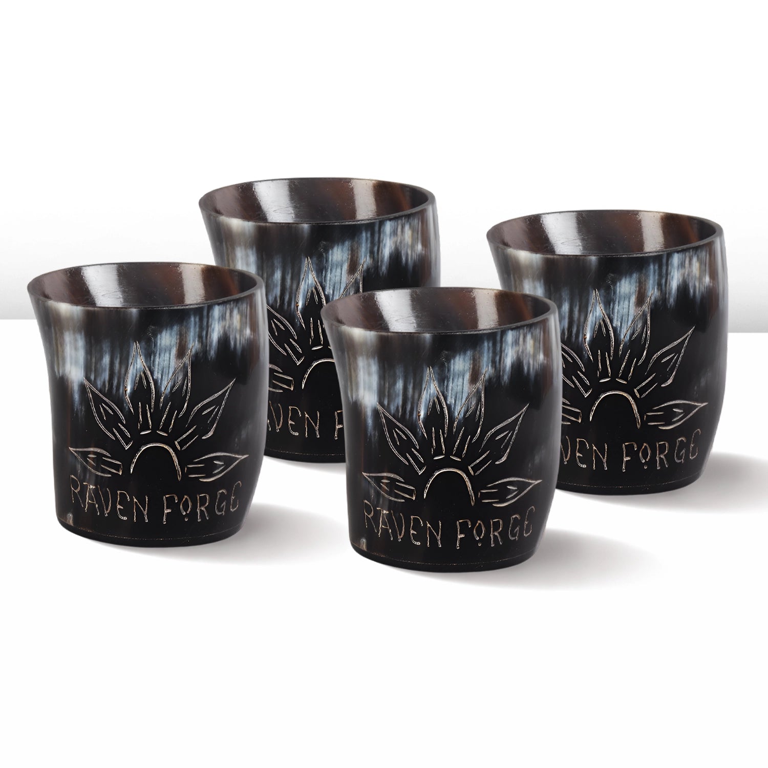 Whiskey Shot Cups Set Sunburst Pattern Real Ox Horn 6.5 oz, Pack 4, 8 & 12