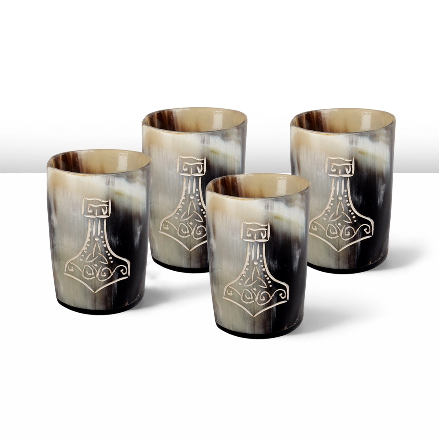 Whiskey Shot Cups Set Nordic Hammer Pattern Real Ox Horn 6.5 oz, Pack 4, 8 & 12