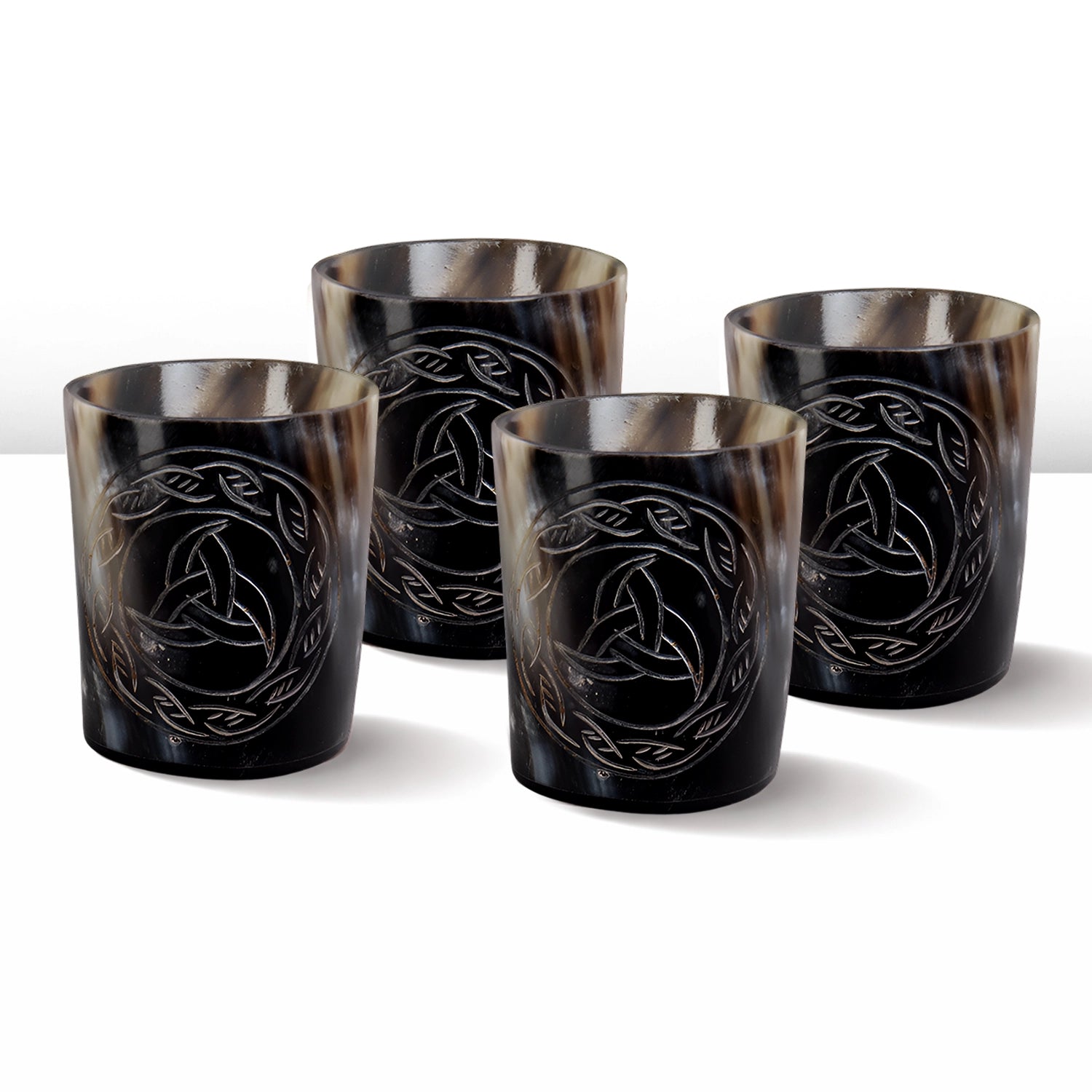 Whiskey Shot Cups Set Eternal Pattern Real Ox Horn 6.5 oz, Pack 4, 8 & 12