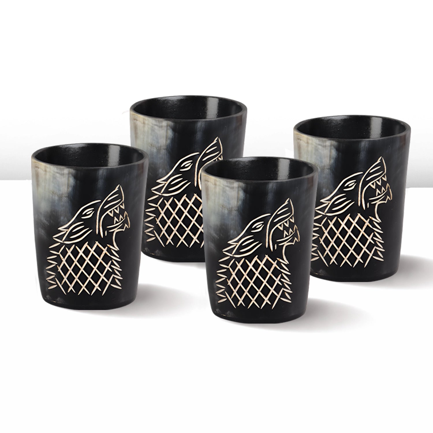 Whiskey Shot Cups Set Viking Wolf Pattern Real Ox Horn 6.5 oz, Pack 4, 8 & 12
