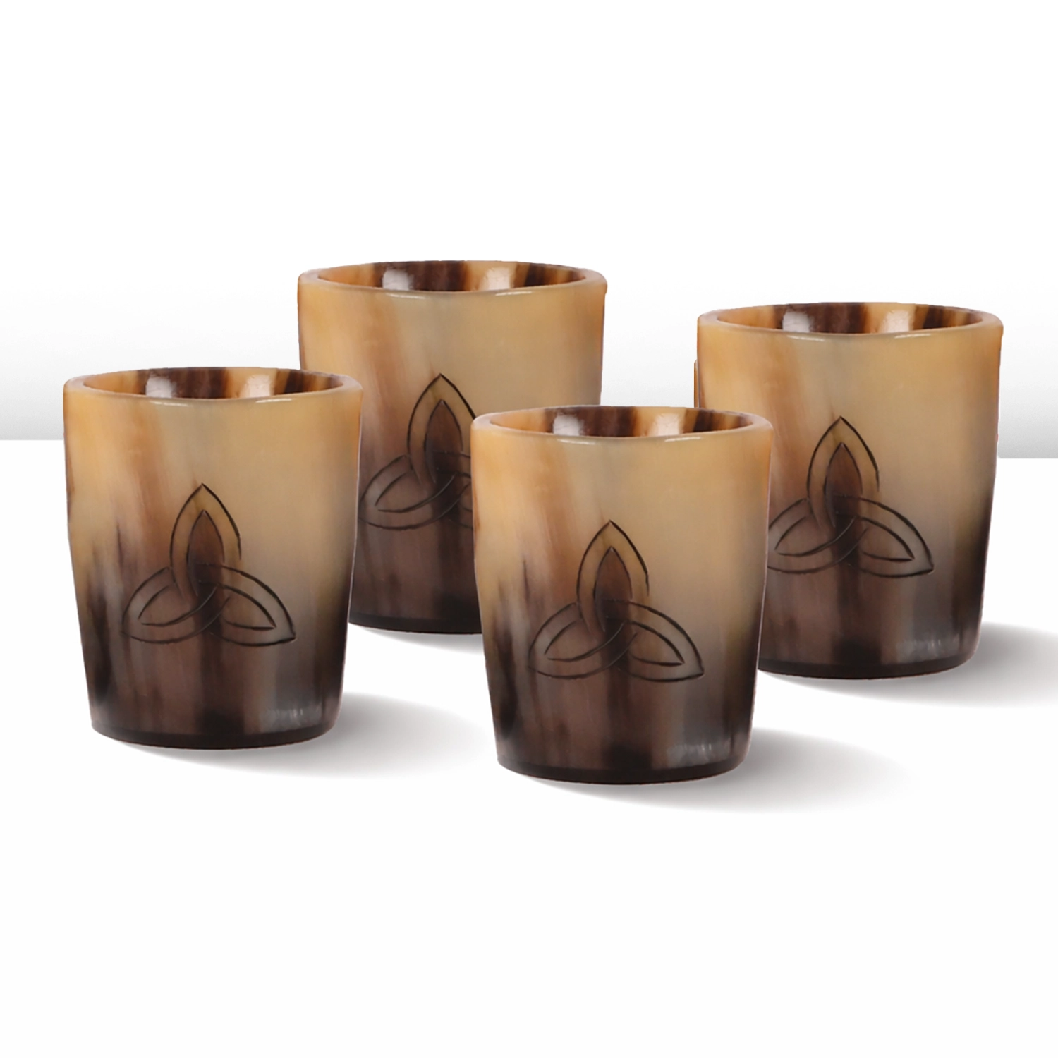 Whiskey Shot Cups Set Trinity Pattern Real Ox Horn 6.5 oz, Pack 4, 8 & 12