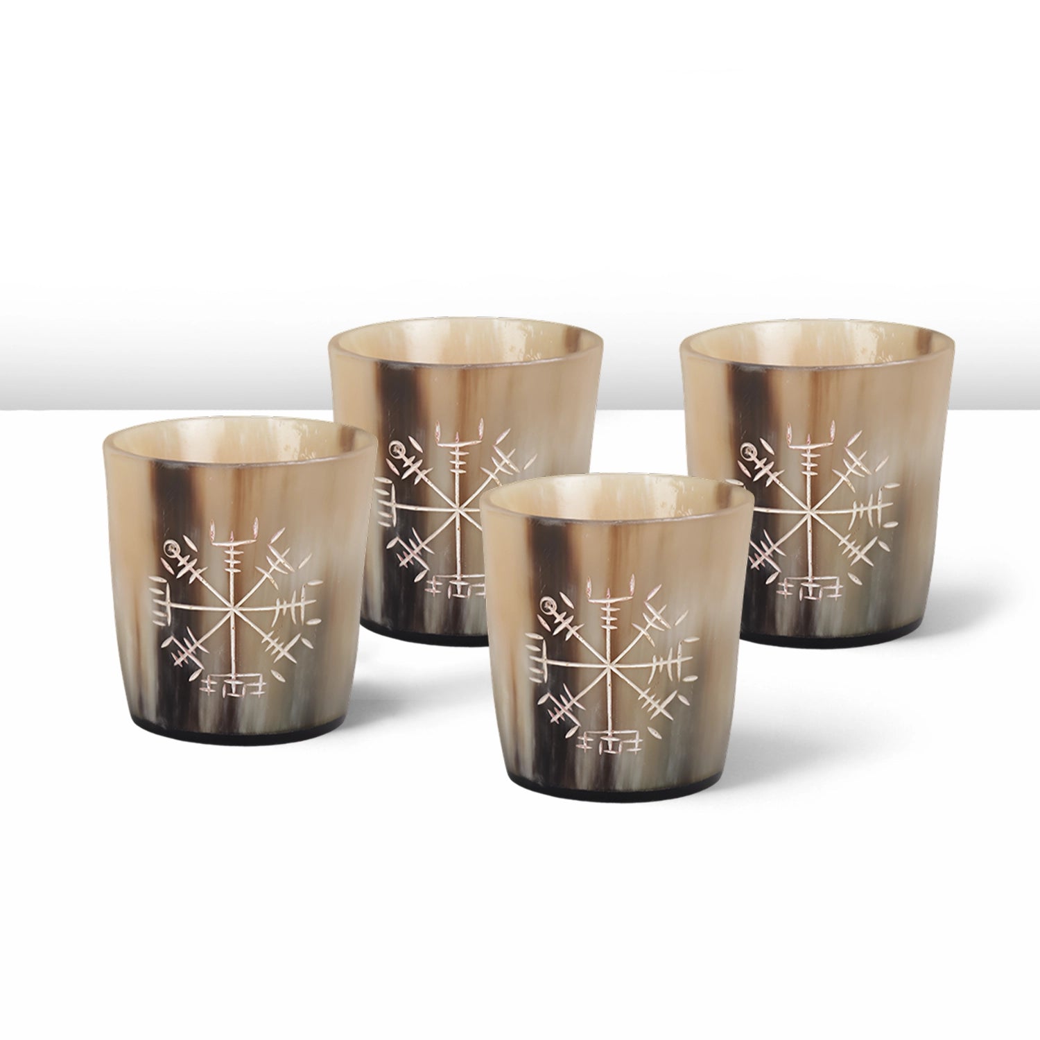 Whiskey Shot Cups Set Wayfinder Pattern Real Ox Horn 6.5 oz, Pack 4, 8 & 12