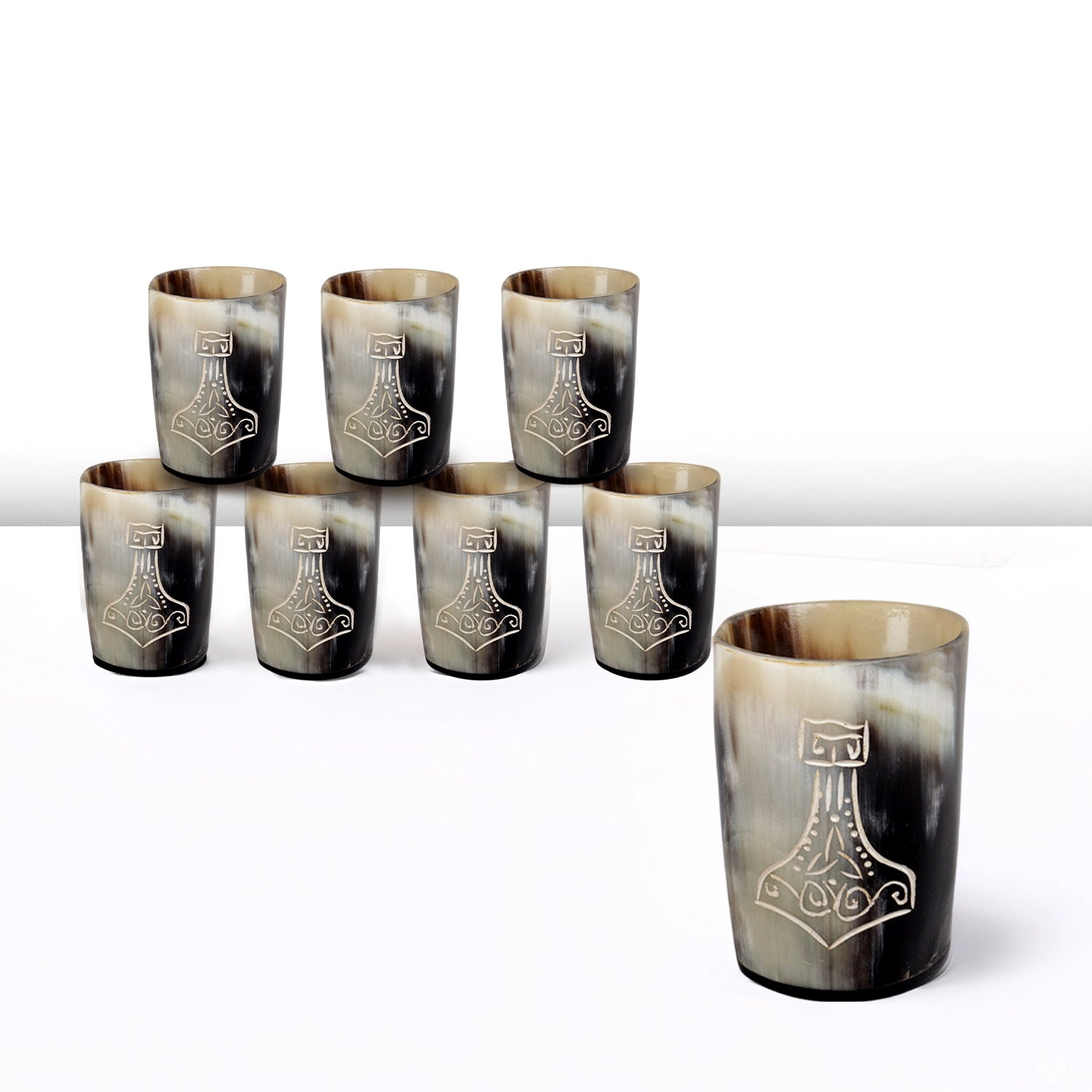 Whiskey Shot Cups Set Nordic Hammer Pattern Real Ox Horn 6.5 oz, Pack 4, 8 & 12