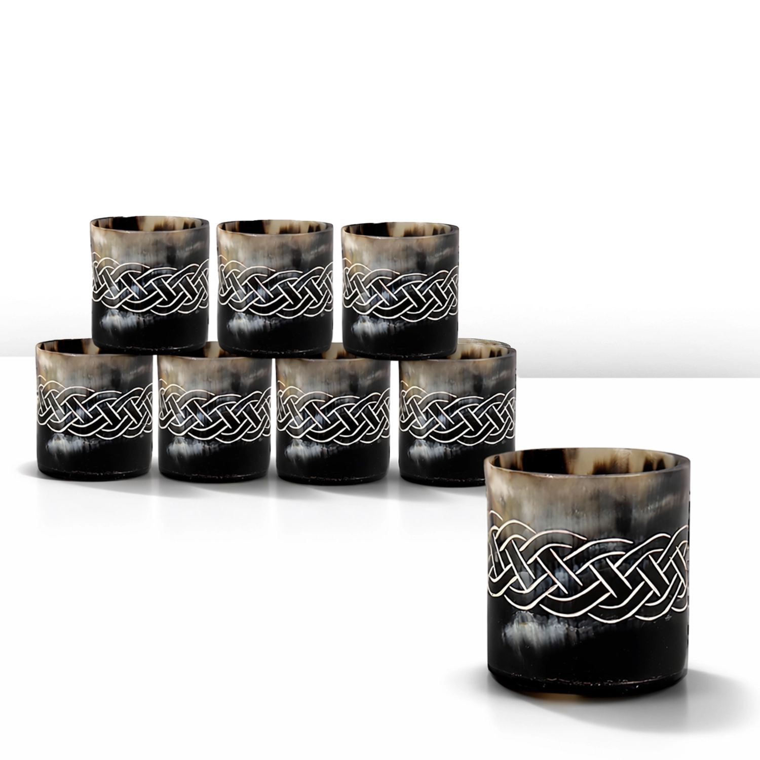 Whiskey Shot Cups Set Knot Pattern Real Ox Horn 6.5 oz, Pack 4, 8 & 12