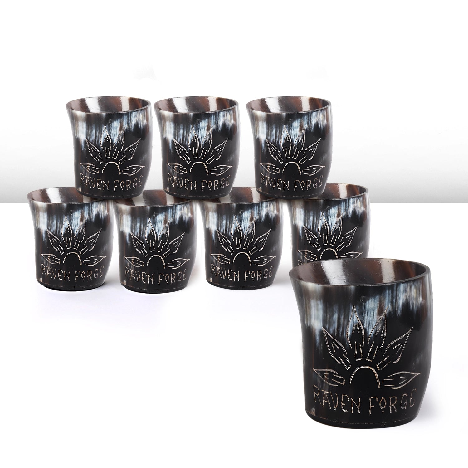 Whiskey Shot Cups Set Sunburst Pattern Real Ox Horn 6.5 oz, Pack 4, 8 & 12