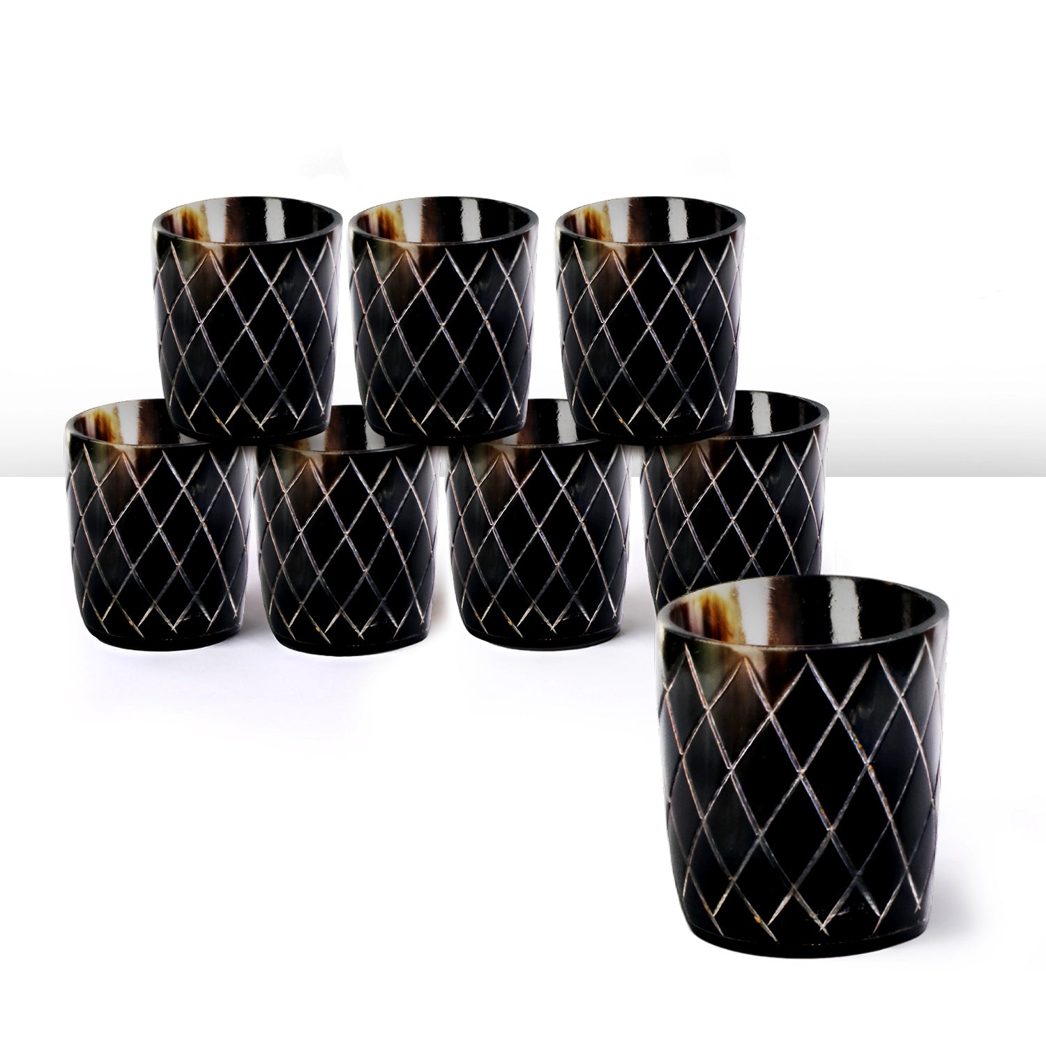 Whiskey Shot Cups Set Crisscross Pattern Real Ox Horn 6.5 oz, Pack 4, 8 & 12