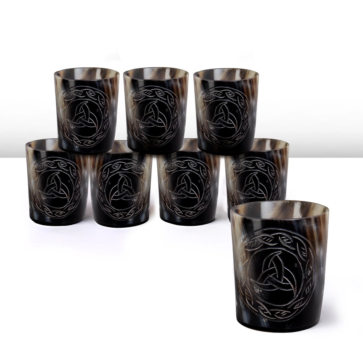 Whiskey Shot Cups Set Eternal Pattern Real Ox Horn 6.5 oz, Pack 4, 8 & 12