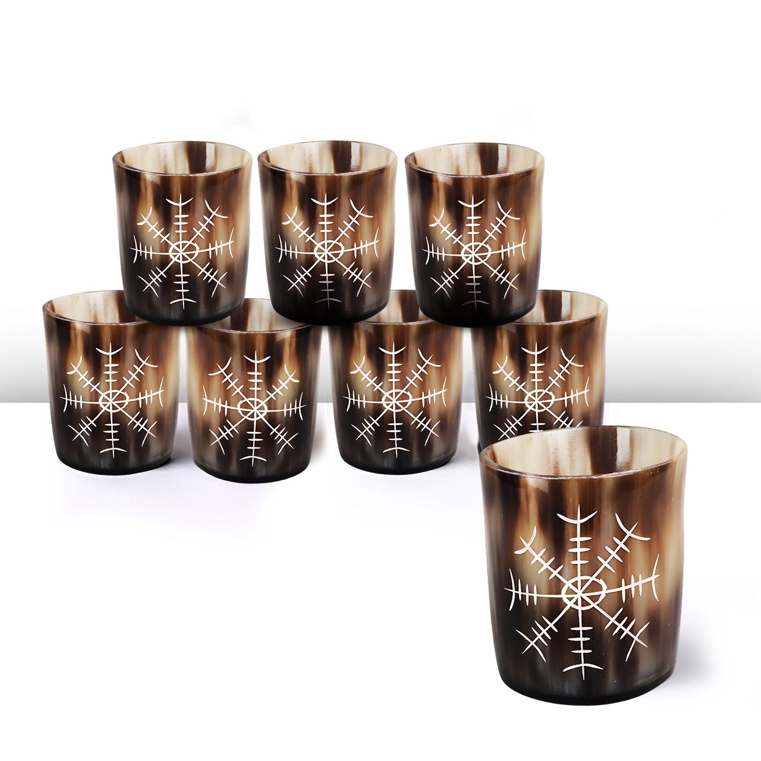 Whiskey Shot Cups Set Nordic Compass Pattern Real Ox Horn 6.5 oz, Pack 4, 8 & 12