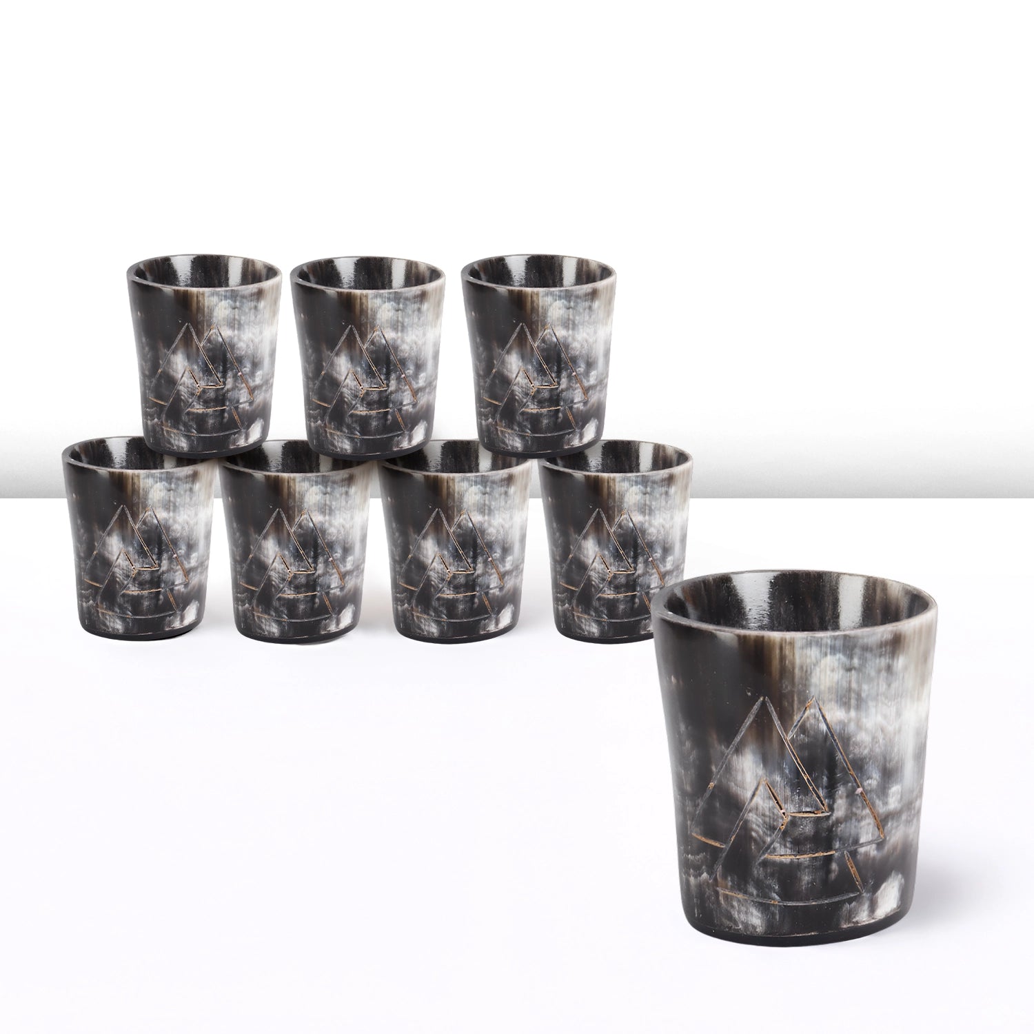 Whiskey Shot Cups Set Odin Pattern Real Ox Horn 6.5 oz, Pack 4, 8 & 12