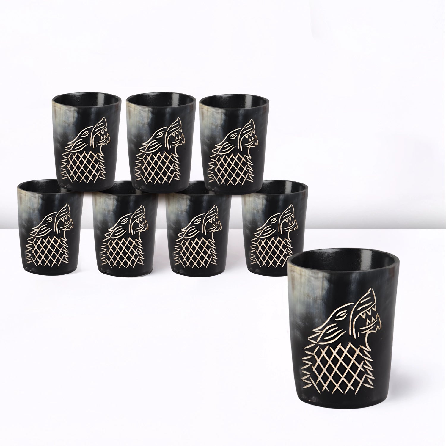 Whiskey Shot Cups Set Viking Wolf Pattern Real Ox Horn 6.5 oz, Pack 4, 8 & 12