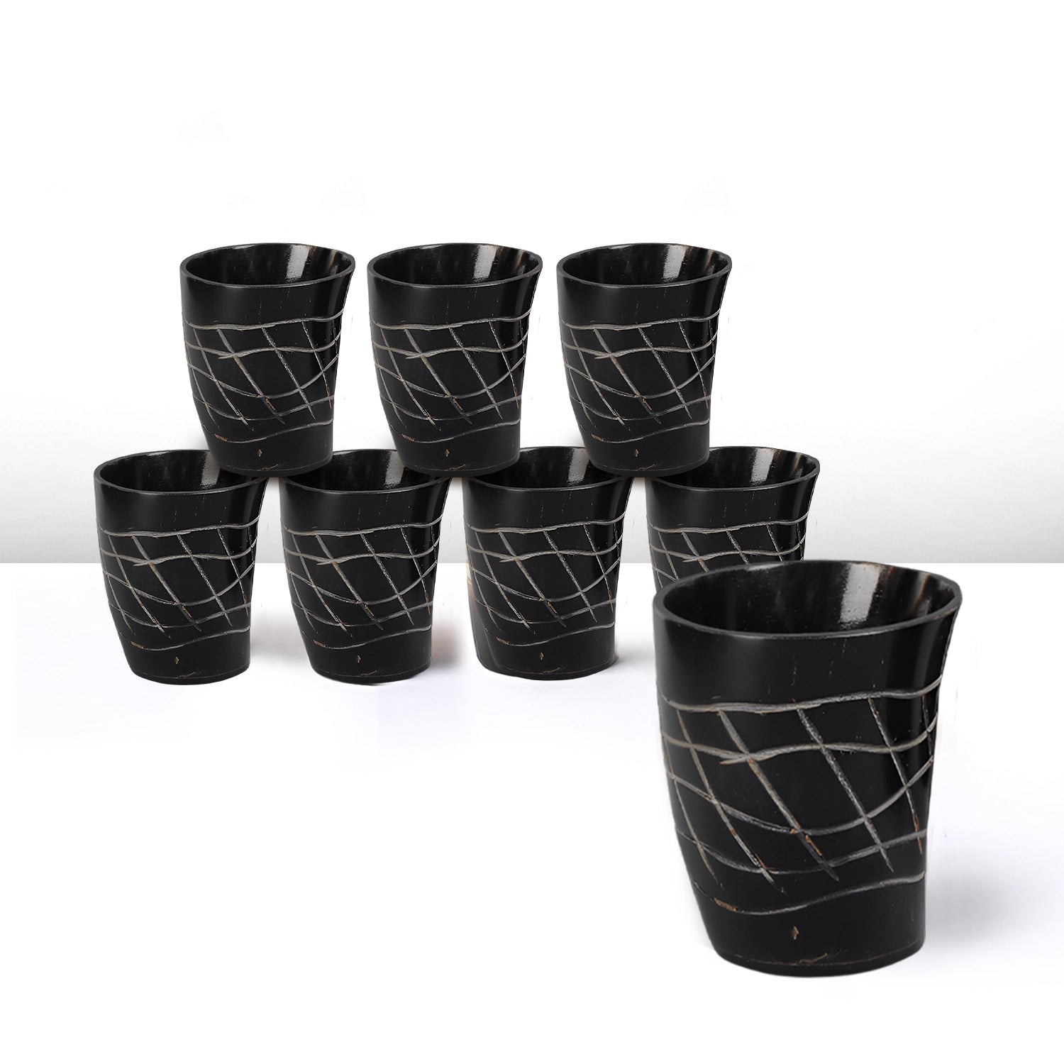 Whiskey Shot Cups Set Web Pattern Real Ox Horn 6.5 oz, Pack 4, 8 & 12
