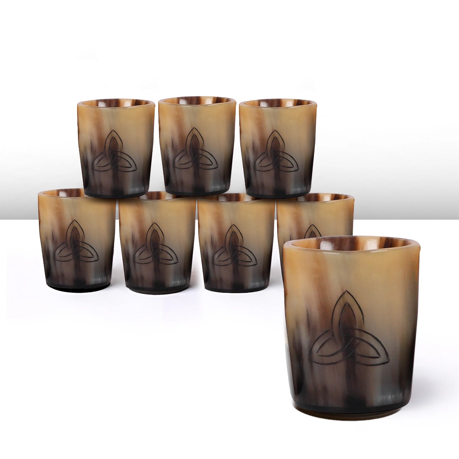 Whiskey Shot Cups Set Trinity Pattern Real Ox Horn 6.5 oz, Pack 4, 8 & 12