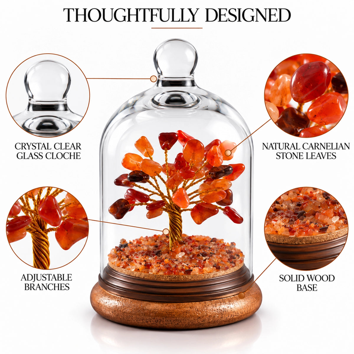 Carnelian Stone Tree Decorative Cloche | Natural Stone & Wood