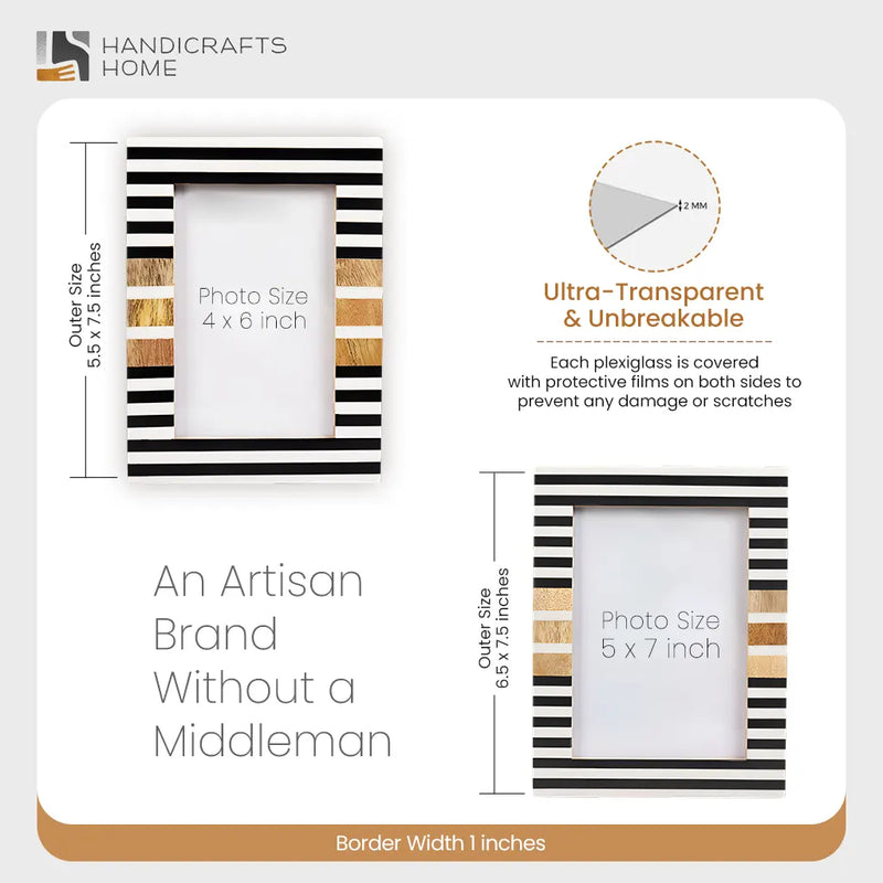 Size Chart for Wood & Resin Inlay Stripewood Picture Frame, Black & White