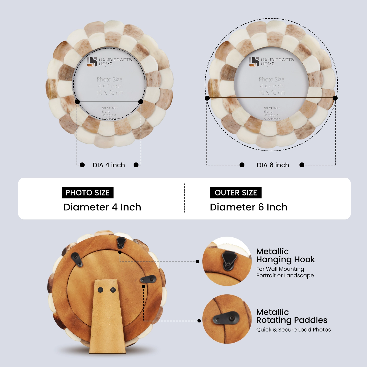 Round Baby Picture Frames Scalloped Pattern Bone Inlay 4x4 Inch, Brown