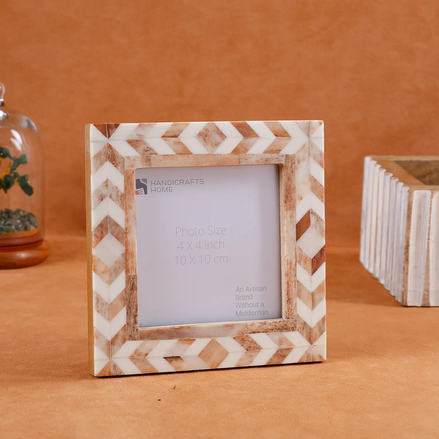 Square Baby Picture Frames Taj Pattern Bone Inlay 4x4 Inch, Brown