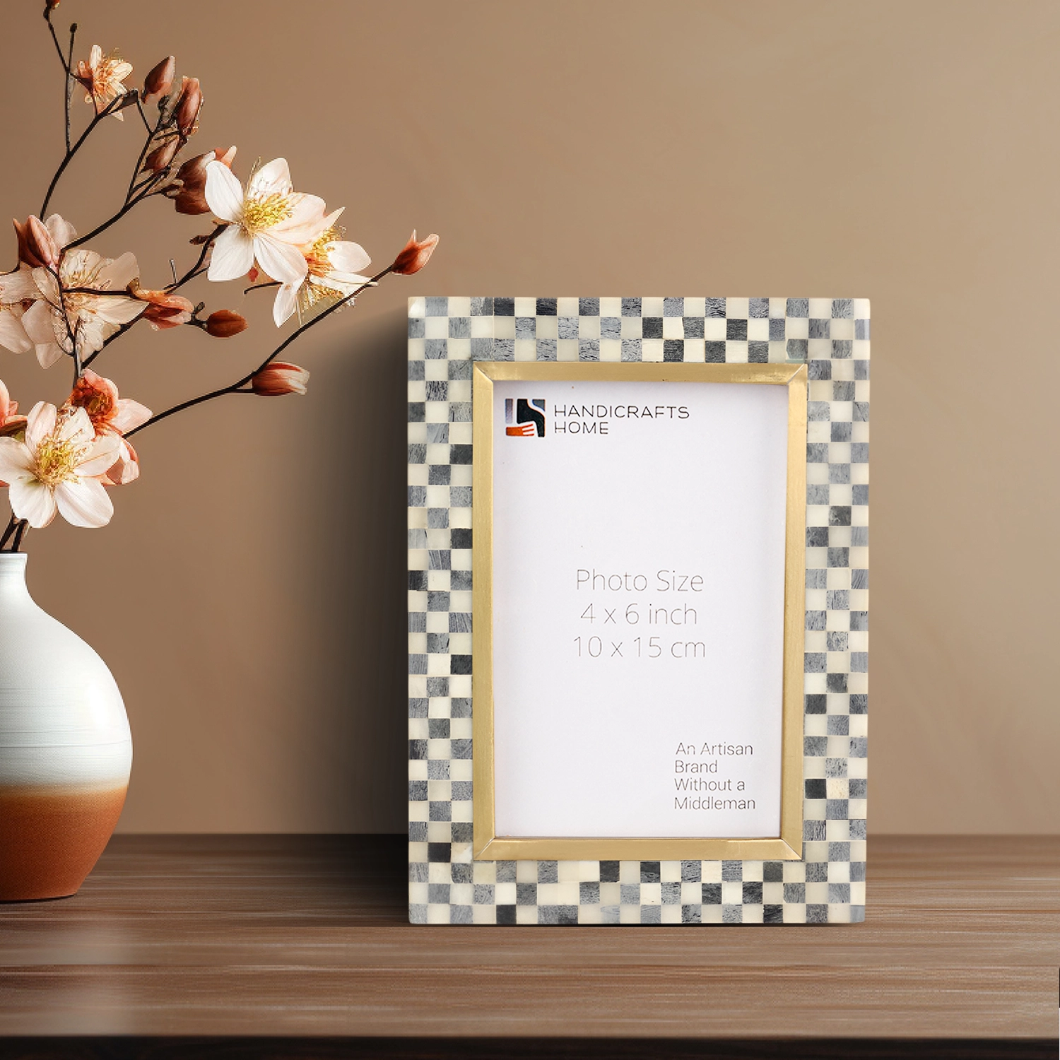 Bone Inlay & Brass Halo Pixels Pattern Picture Frame - 4x6