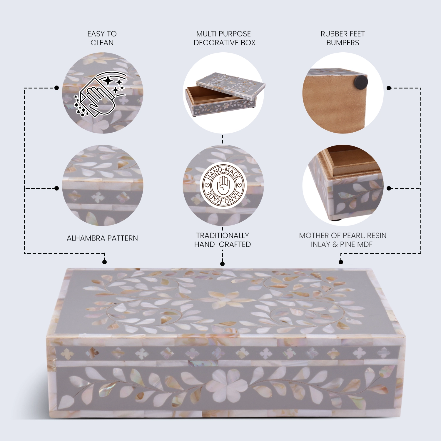 Alhambra Pattern Decorative Storage Box, Mother of Pearl & Resin Inlay in 4 Colors, 10x6x2.5