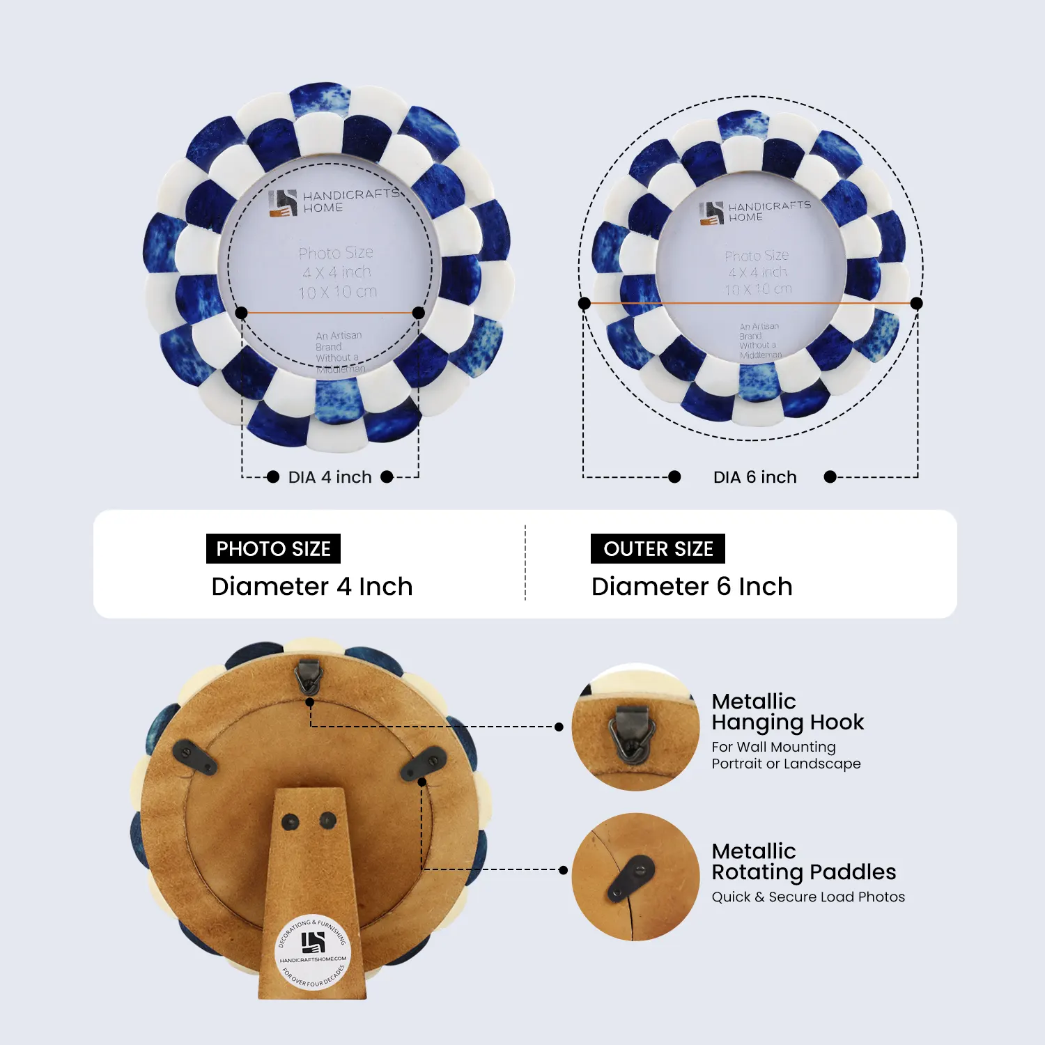 Round Baby Picture Frames Scalloped Pattern Bone Inlay 4x4 Inch, Blue