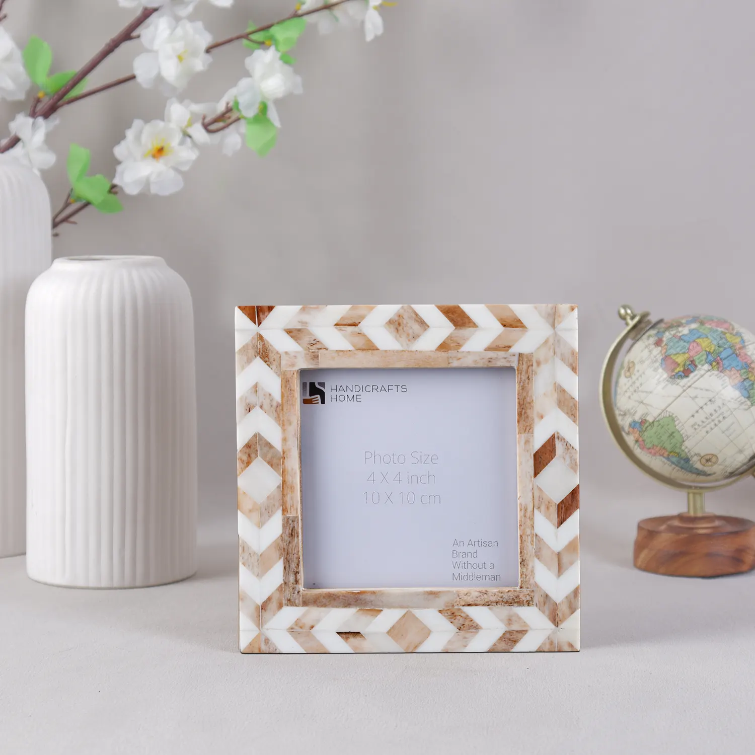 Square Baby Picture Frames Taj Pattern Bone Inlay-Brown, 4" x 4"