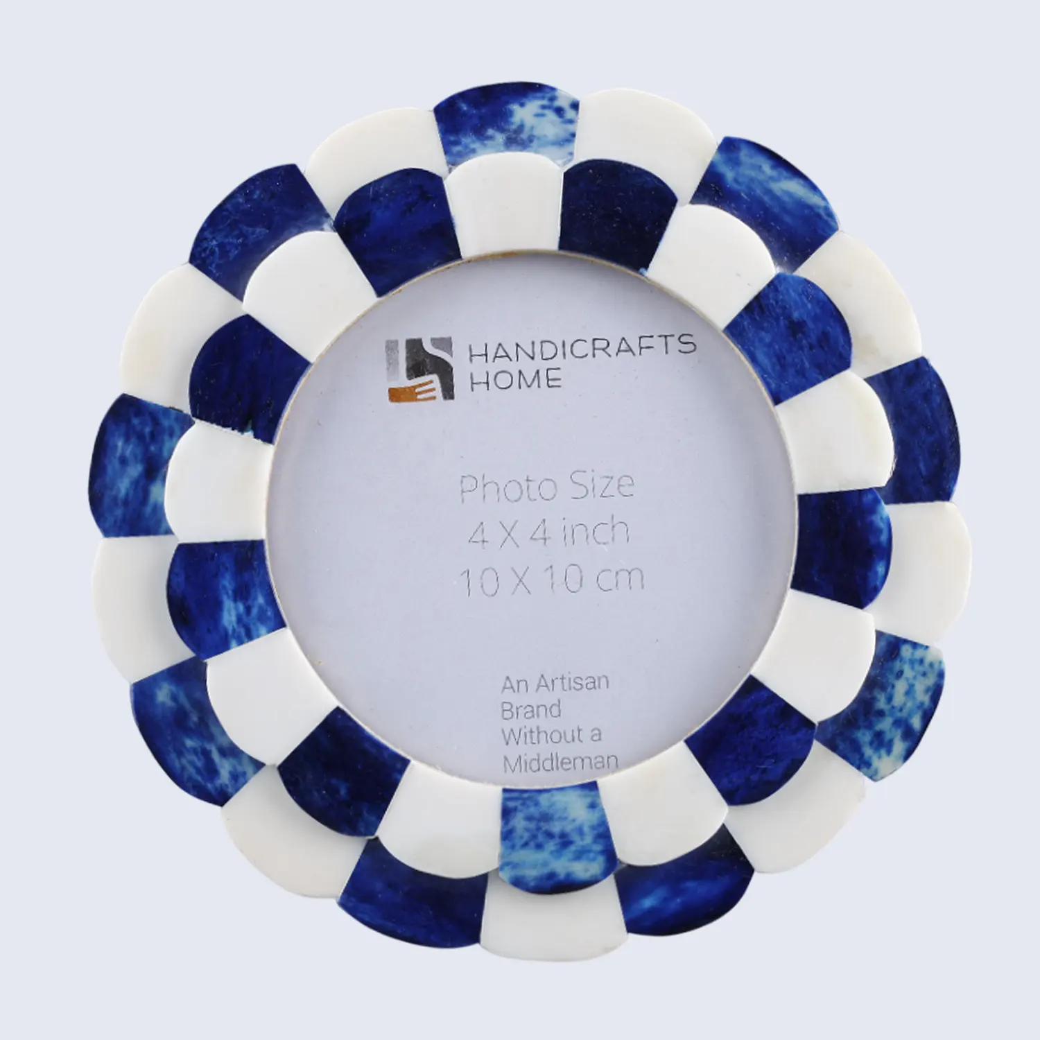 Round Baby Picture Frames Scalloped Pattern Bone Inlay 4x4 Inch, Blue