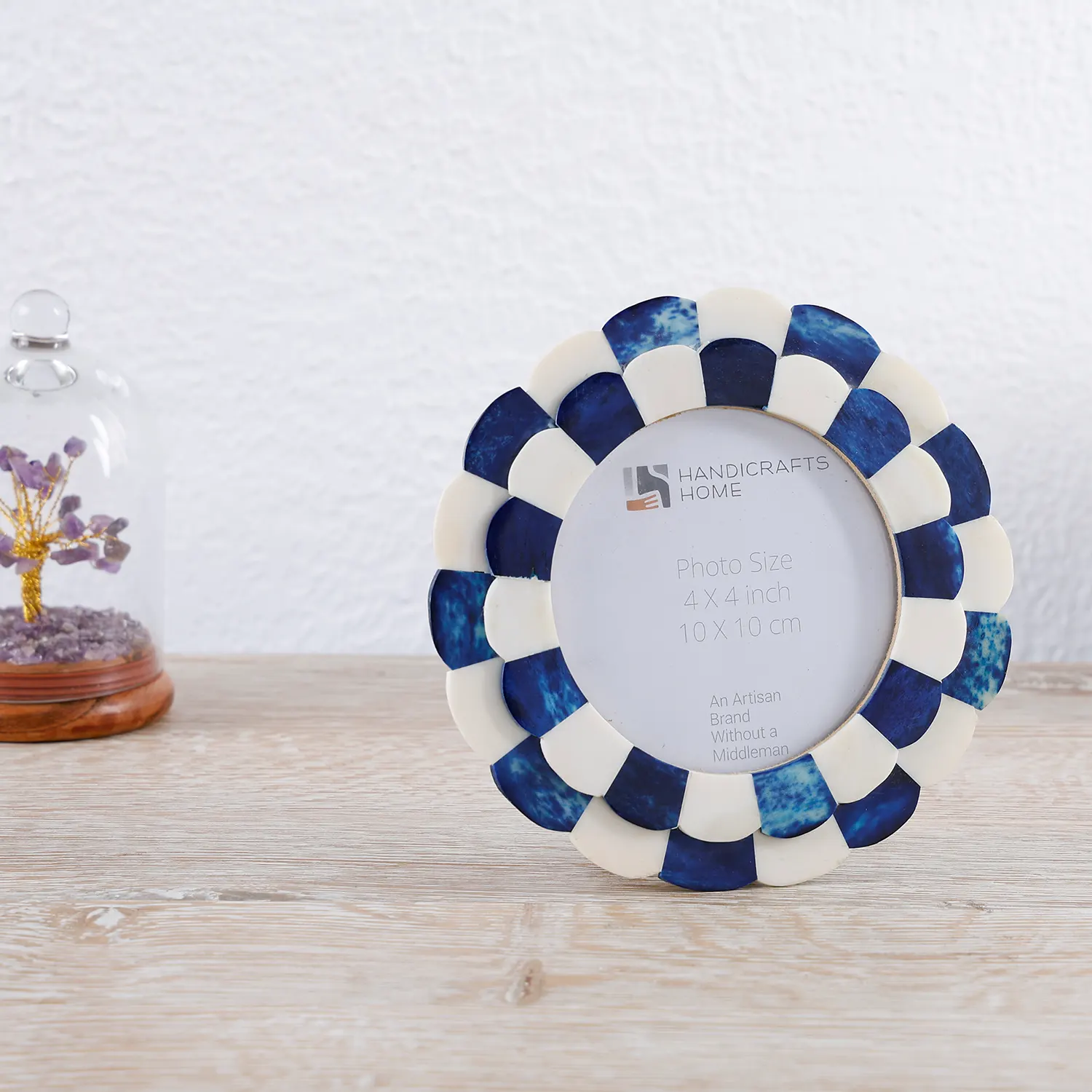 Round Baby Picture Frame Scalloped Pattern Bone Inlay – Blue ,4x4