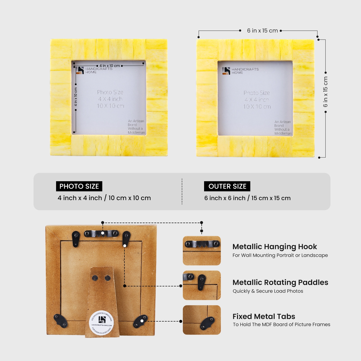 Square Baby Picture Frames Classic Pattern Bone Inlay 4x4 inch, Yellow
